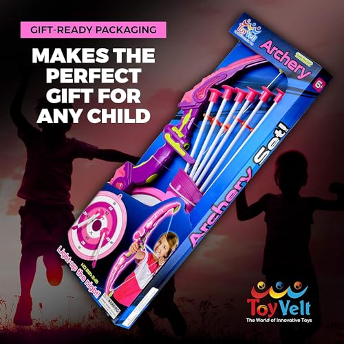 ToyVelt Kids Bow and Arrow Set - LED Light Up, Archery Set Comes with 6 Suction Cup Arrows, Target & Quiver, Indoor and Outdoor Toys for Children Boys Girls, Best Gift
