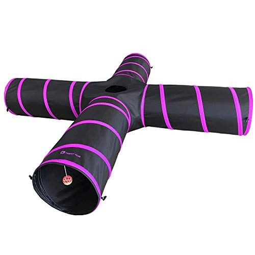 Purrfect Feline - 4 Way Cat Tunnel and Crinkle Cat Toy - Interactive Cat Toy with Cat Ball - Cat Supplies for Indoor Cats - Suitable for Ferrets, Rabbits or Small Dogs - Pink - L