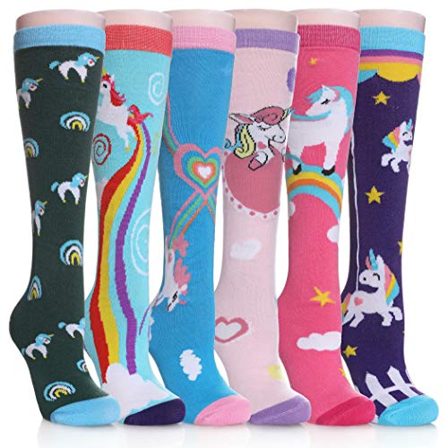 FNOVCO Girls Knee High Socks Cartoon Animal Patterns Cotton Over Calf Socks (6 Pairs Cute Unicorn-3)
