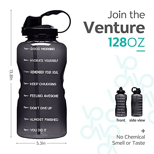 Venture Pal Large 1 Gallon/128 OZ (When Full) Motivational BPA Free Leakproof Water Bottle with Straw & Time Marker Perfect for Fitness Gym Camping Outdoor Sports-Black