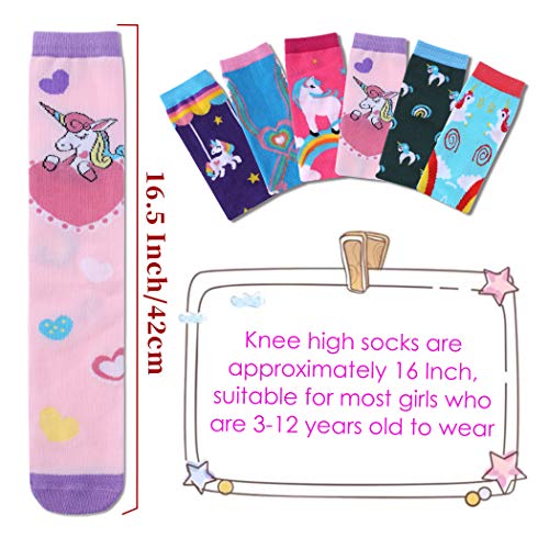 FNOVCO Girls Knee High Socks Cartoon Animal Patterns Cotton Over Calf Socks (6 Pairs Cute Unicorn-3)
