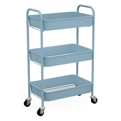 CAXXA 3-Tier Rolling Metal Storage Organizer - Mobile Utility Cart with Caster Wheels, Blue