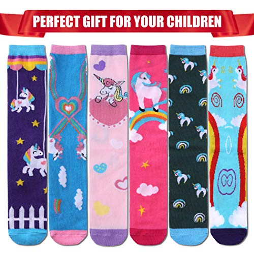 FNOVCO Girls Knee High Socks Cartoon Animal Patterns Cotton Over Calf Socks (6 Pairs Cute Unicorn-3)