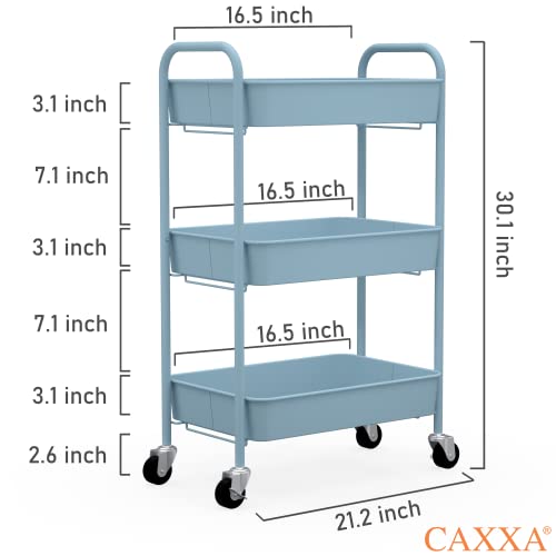 CAXXA 3-Tier Rolling Metal Storage Organizer - Mobile Utility Cart with Caster Wheels, Blue
