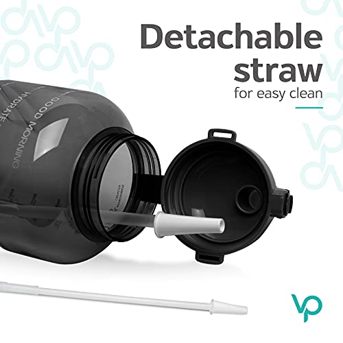 Venture Pal Large 1 Gallon/128 OZ (When Full) Motivational BPA Free Leakproof Water Bottle with Straw & Time Marker Perfect for Fitness Gym Camping Outdoor Sports-Black