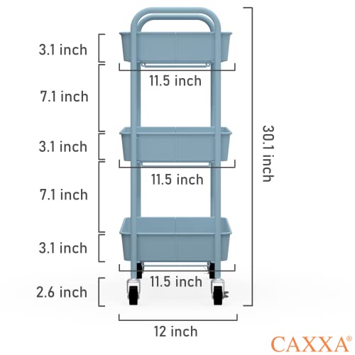 CAXXA 3-Tier Rolling Metal Storage Organizer - Mobile Utility Cart with Caster Wheels, Blue