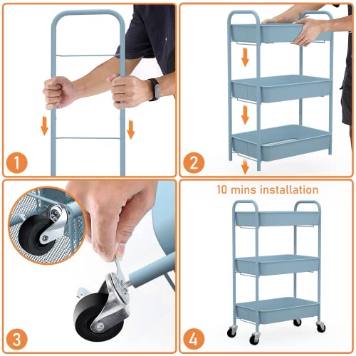 CAXXA 3-Tier Rolling Metal Storage Organizer - Mobile Utility Cart with Caster Wheels, Blue