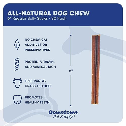 Downtown Pet Supply 6-inch Bully Sticks for Dogs, Pack of 30 - Single Ingredient, Nutrient-Rich and Odor Free Bully Sticks for Dogs - Rawhide Free Dog Chews Long Lasting and Non-Splintering