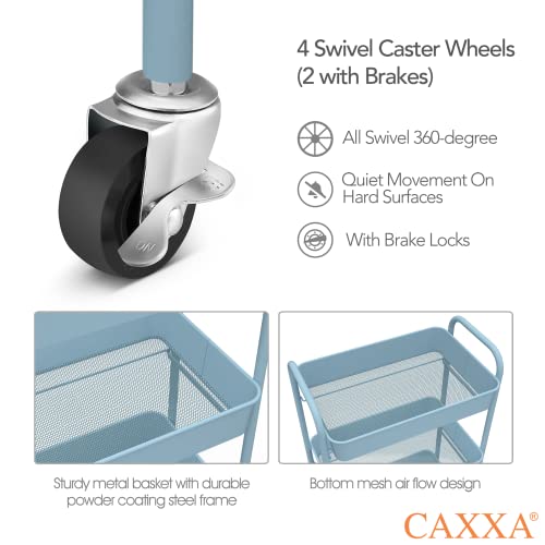 CAXXA 3-Tier Rolling Metal Storage Organizer - Mobile Utility Cart with Caster Wheels, Blue