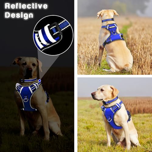 WINSEE Dog Harness No Pull, Pet Harnesses with Dog Collar, Adjustable Reflective Oxford Outdoor Vest, Front/Back Leash Clips for Small, Medium, Large, Extra Large Dogs, Easy Control Handle for Walking