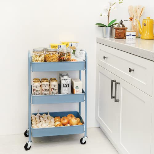 CAXXA 3-Tier Rolling Metal Storage Organizer - Mobile Utility Cart with Caster Wheels, Blue