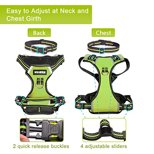 WINSEE Dog Harness No Pull, Pet Harnesses with Dog Collar, Adjustable Reflective Oxford Outdoor Vest, Front/Back Leash Clips for Small, Medium, Large, Extra Large Dogs, Easy Control Handle for Walking