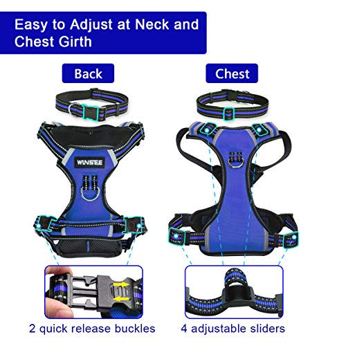 WINSEE Dog Harness No Pull, Pet Harnesses with Dog Collar, Adjustable Reflective Oxford Outdoor Vest, Front/Back Leash Clips for Small, Medium, Large, Extra Large Dogs, Easy Control Handle for Walking