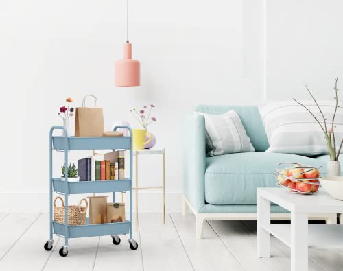 CAXXA 3-Tier Rolling Metal Storage Organizer - Mobile Utility Cart with Caster Wheels, Blue
