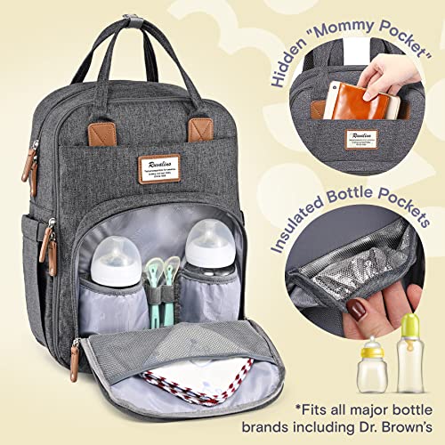Diaper Bag Backpack, RUVALINO Multifunction Travel Back Pack Maternity Baby Changing Bags, Large Capacity, Waterproof and Stylish, Dark Gray