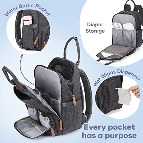 Diaper Bag Backpack, RUVALINO Multifunction Travel Back Pack Maternity Baby Changing Bags, Large Capacity, Waterproof and Stylish, Dark Gray