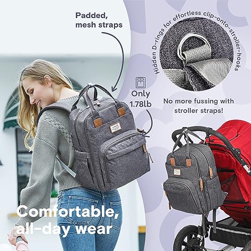 Diaper Bag Backpack, RUVALINO Multifunction Travel Back Pack Maternity Baby Changing Bags, Large Capacity, Waterproof and Stylish, Dark Gray
