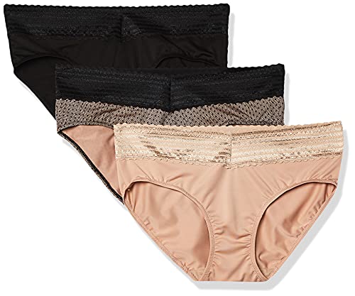 Warner's Women's Blissful Benefits No Muffin Top 3 Pack Hipster Panties, Black/Toasted Almond/lace dot Print, L