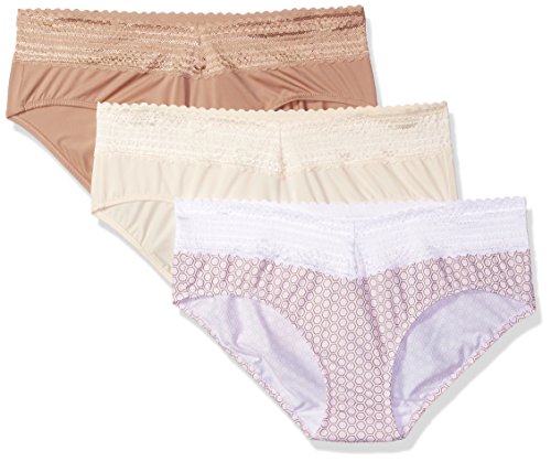 Warner's Women's Blissful Benefits No Muffin Top 3 Pack Hipster Panties, Pearled Ivory/Toasted Almond/Body Tone Mosaic Print, M