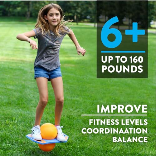 Flybar Pogo Trick Ball for Kids, Trick Bounce Board for Boys and Girls Ages 6+, Up to 160 lbs, Includes Pump, Easy to Carry Handle, Durable Plastic Deck Indoor, Outdoor Toy Pogo Jumper (Blue Dawn)