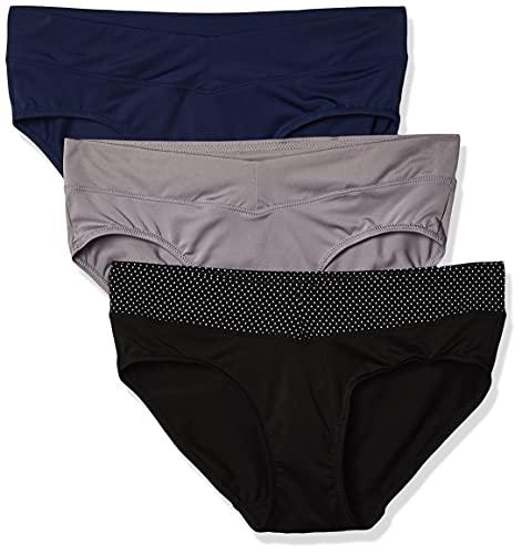 Warner's Women's Blissful Benefits No Muffin Top 3 Pack Hipster Panties, Smoked Pearl/Navy Ink/Black w/Polka dot Waistband, S