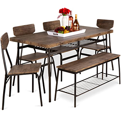 Best Choice Products 6-Piece 55in Modern Home Dining Set w/Storage Racks, Rectangular Table, Bench, 4 Chairs - Brown