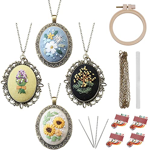 Embroidery Kits for Beginners, 4pcs Embroidered Pendants Floral Embroidery Necklace, Mini Cross Stitch Kits with Patterns and Instructions, Hand Sewing Jewelry Ornament
