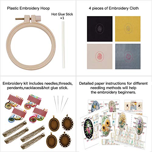 Embroidery Kits for Beginners, 4pcs Embroidered Pendants Floral Embroidery Necklace, Mini Cross Stitch Kits with Patterns and Instructions, Hand Sewing Jewelry Ornament