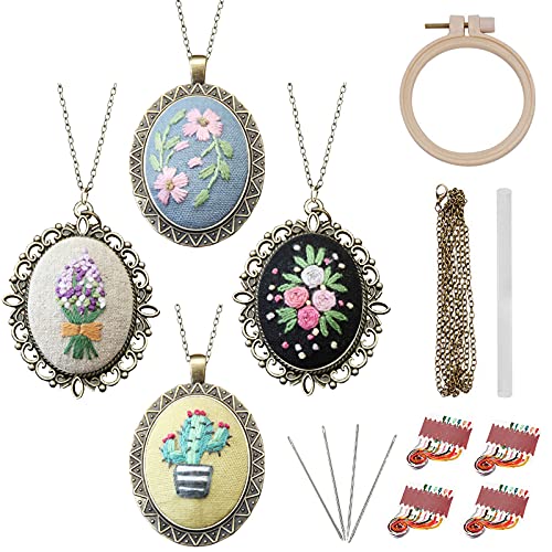 Embroidery Ornament 4 PCS Kit, Embroidered Pendants Floral Embroidery Necklace Earrings Hand Sewing Jewelry Creative Gifts for Art Crafts Sewing and Hanging