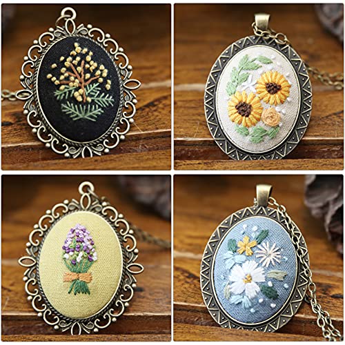 Embroidery Kits for Beginners, 4pcs Embroidered Pendants Floral Embroidery Necklace, Mini Cross Stitch Kits with Patterns and Instructions, Hand Sewing Jewelry Ornament