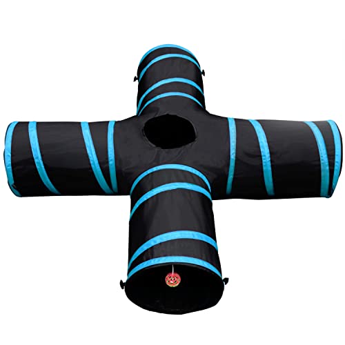 PURRFECT FELINE New Cat Tunnel Design, Collapsible 4-Way Cat Tunnel Toy with Crinkle, Great for Kittens, Ferrets, Puppies, Large Cats and Small Dogs (X-Large, Light Blue)