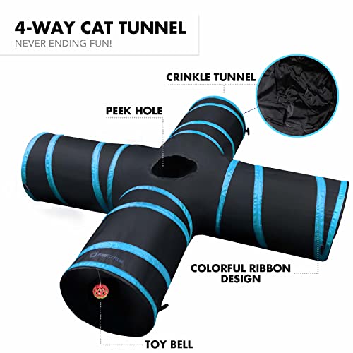 PURRFECT FELINE New Cat Tunnel Design, Collapsible 4-Way Cat Tunnel Toy with Crinkle, Great for Kittens, Ferrets, Puppies, Large Cats and Small Dogs (X-Large, Light Blue)