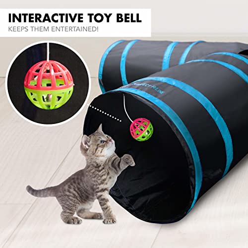 PURRFECT FELINE New Cat Tunnel Design, Collapsible 4-Way Cat Tunnel Toy with Crinkle, Great for Kittens, Ferrets, Puppies, Large Cats and Small Dogs (X-Large, Light Blue)