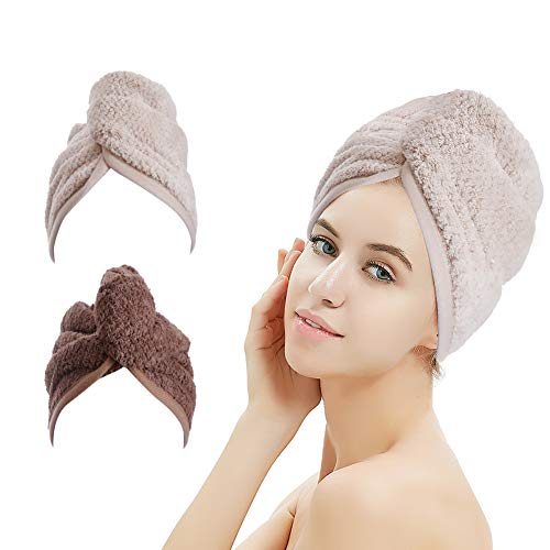 M-bestl 2 Pack Hair Drying Towels,Hair Wrap Towels,Absorbent Microfiber Hair Towel Turban with Button Design to Dry Hair More Quicker（Khaki&Coffee）
