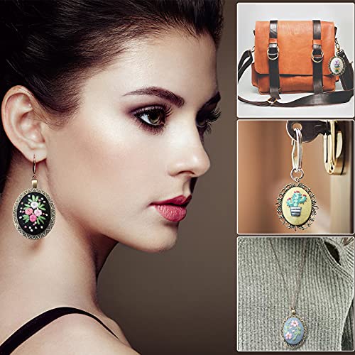Embroidery Ornament 4 PCS Kit, Embroidered Pendants Floral Embroidery Necklace Earrings Hand Sewing Jewelry Creative Gifts for Art Crafts Sewing and Hanging