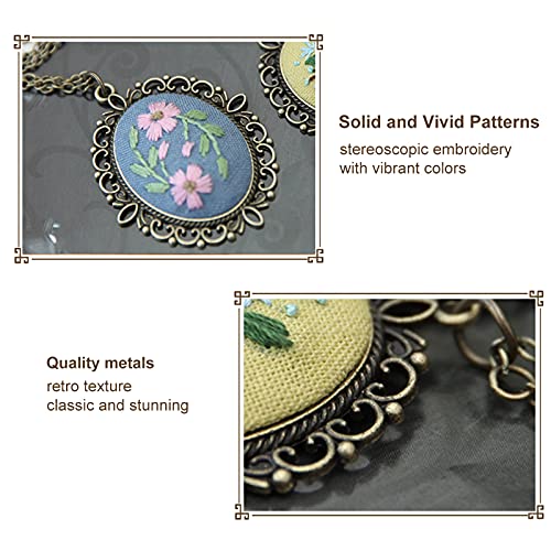 Embroidery Ornament 4 PCS Kit, Embroidered Pendants Floral Embroidery Necklace Earrings Hand Sewing Jewelry Creative Gifts for Art Crafts Sewing and Hanging