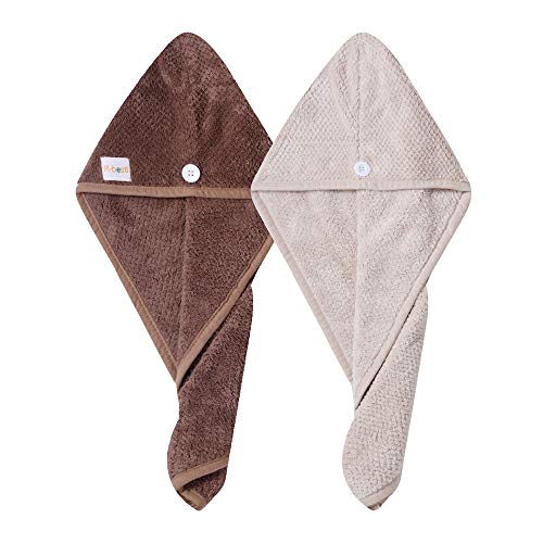 M-bestl 2 Pack Hair Drying Towels,Hair Wrap Towels,Absorbent Microfiber Hair Towel Turban with Button Design to Dry Hair More Quicker（Khaki&Coffee）