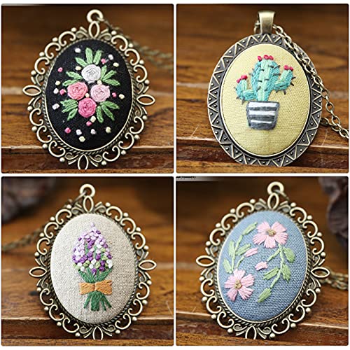 Embroidery Ornament 4 PCS Kit, Embroidered Pendants Floral Embroidery Necklace Earrings Hand Sewing Jewelry Creative Gifts for Art Crafts Sewing and Hanging