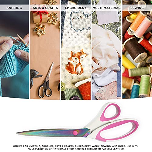 BambooMN Titanium Softgrip Scissors Set for Sewing, Arts, Crafts, Office - 1 set of 3 - White w/Pink Inlays