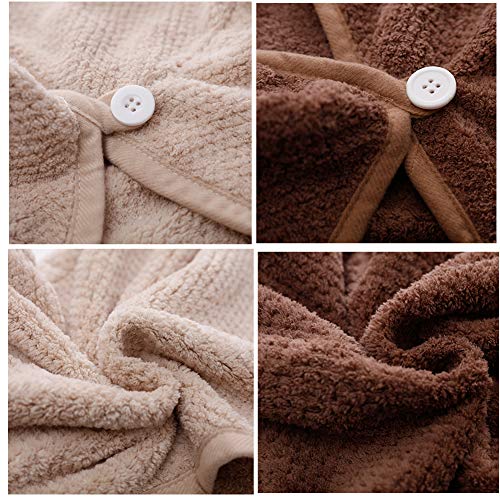 M-bestl 2 Pack Hair Drying Towels,Hair Wrap Towels,Absorbent Microfiber Hair Towel Turban with Button Design to Dry Hair More Quicker（Khaki&Coffee）