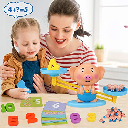 Aitbay Balance Cool Math Game for Toddlers Ages 3-5, Piggy Educational Counting Toys STEM Preschool Number Learning Games for 3 4 5 Year Old Boys and Girls (63 Piece)