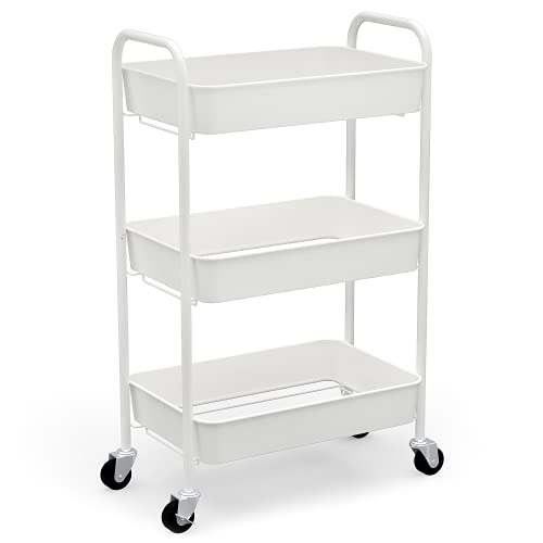 CAXXA 3-Tier Rolling Metal Storage Organizer - Mobile Utility Cart with Caster Wheels, White
