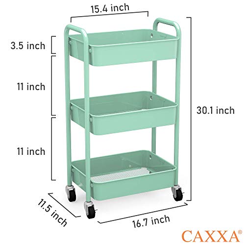 CAXXA 3-Tier Rolling Metal Storage Organizer - Mobile Utility Cart with Caster Wheels
