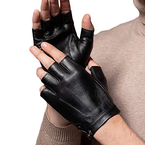 Fingerless Driving Gloves PU Faux Leather Outdoor Sport Half Finger Glove for Men Women Teens (Fleece Lined, M)