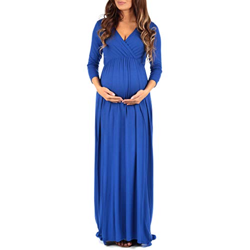 Mother Bee Maternity V-Neck 3/4 Sleeve Ruched Waist Dress RoyalBlue