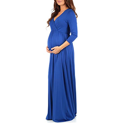 Mother Bee Maternity V-Neck 3/4 Sleeve Ruched Waist Dress RoyalBlue