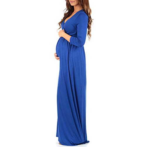 Mother Bee Maternity V-Neck 3/4 Sleeve Ruched Waist Dress RoyalBlue