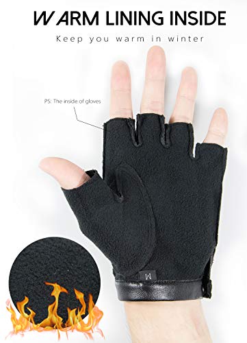 Fingerless Driving Gloves PU Faux Leather Outdoor Sport Half Finger Glove for Men Women Teens (Fleece Lined, M)