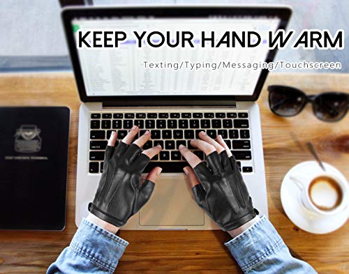 Fingerless Driving Gloves PU Faux Leather Outdoor Sport Half Finger Glove for Men Women Teens (Fleece Lined, M)