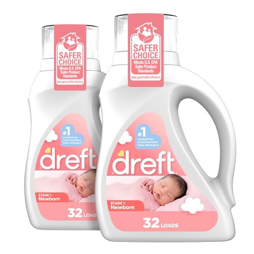 Dreft Stage 1: Newborn Hypoallergenic Liquid Baby Laundry Detergent (HE), Natural for Baby, Newborn, or Infant, 50 Ounce (32 Loads), 2 Count (Packaging May Vary)